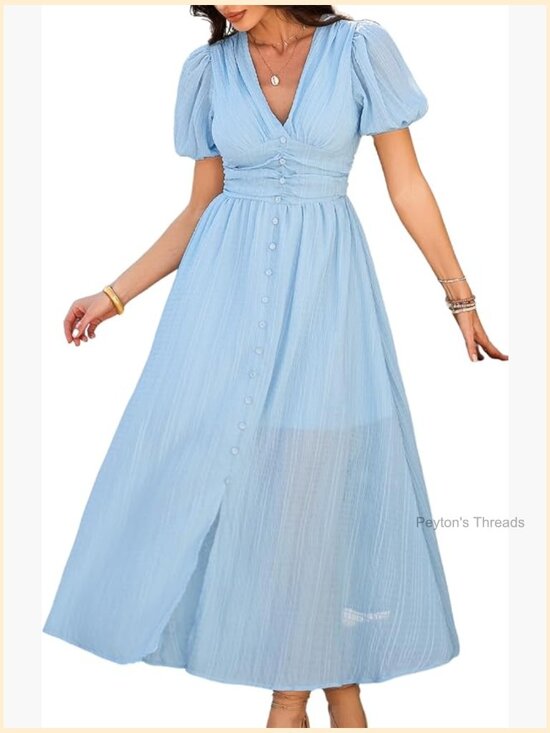 Dresses & Skirts - Flowy Maxi Dress with Deep V-Neck and Puff Sleeves